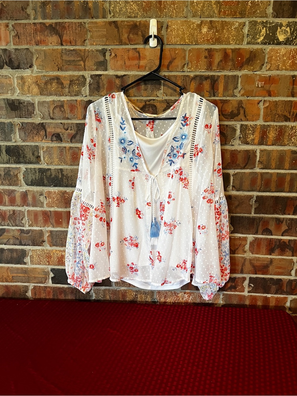 Time & Tru Floral Swiss Dot Peasant Sheer Blouse Whimsical Boho Chic Size:L Time